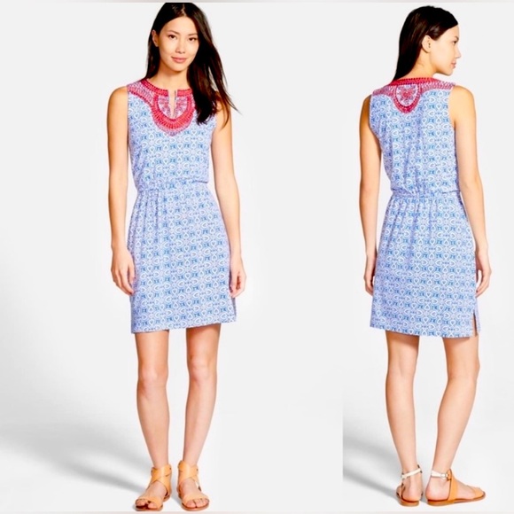Vineyard Vines Blue White Tile Print Red Embroidered Trim Casual Dress - Picture 1 of 11